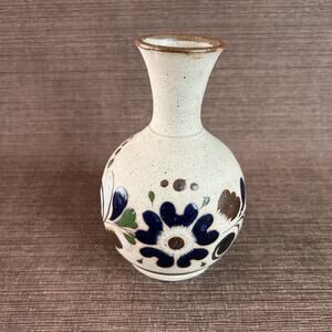 Sign Mexican Tonalá Pottery Vase-Cobalt Blue Flower-6.25″ Folk Art Stoneware VTG